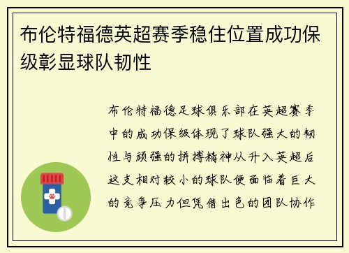 布伦特福德英超赛季稳住位置成功保级彰显球队韧性 布伦特福德英超赛季稳住位置成功保级彰显球队韧性