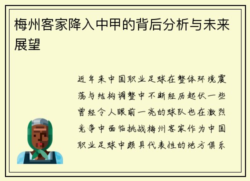 梅州客家降入中甲的背后分析与未来展望 梅州客家降入中甲的背后分析与未来展望